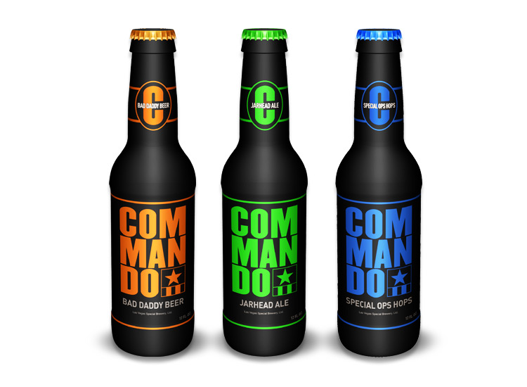 Commando Beer Bottles in orange, green, and blue